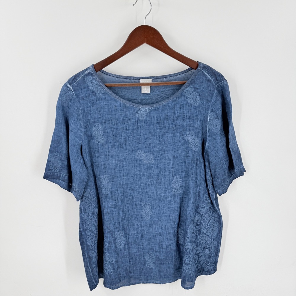 Chico's Embroidered Linen Top Blue 2 US 12/14 Boho Coastal Summer Short Sleeve